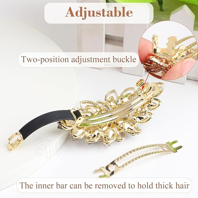 Luxury Gold-plated Rhinestone Hair Barrette for Women, Large Flower Jewelry Design (Navy)
