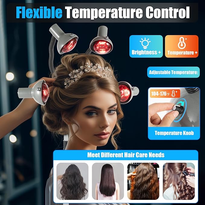 Perm Steamer, 5 Head Infrared Heater with Rolling Base - 750W Hair Drying and Perming Machine, Adjustable Height