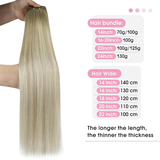 YoungSee Weft Hair Extensions Ombre Blonde Human Hair Sew in Extensions Ash Blonde Ombre Platinum Blond Highlights Sew in Hair Extensions Real Human Hair Wefts One Piece 18Inch 100G