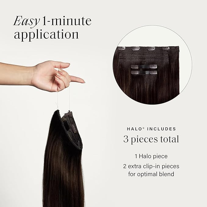 Luxy 100% Remy Human Hair – Halo Clip-In Hair Extensions –Natural Looking Volume & Length - One-Piece - Easy 5-Min Application 150 grams 12" Dimensional Rooted Espresso Brown