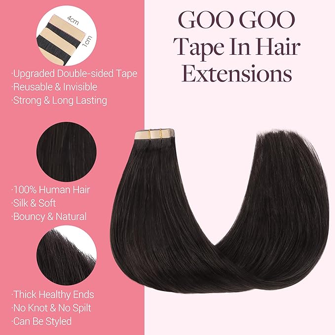 GOO GOO Tape in Hair Extensions Human Hair, 2 Dark Brown, 10inch 30g 20pcs, Skin Weft Seamless Invisible, Silky Straight with Thick Ends, Remy Human Hair