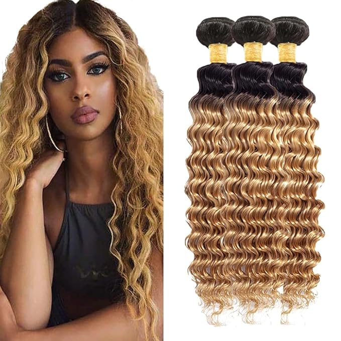 Honey Blonde Bundles Human Hair Ombre Deep Wave Bundle 22 24 26 Inch Peruvian Virgin Remy Hair Extensions Double Weft 2 Tone Black and Blonde Deep Wave Bundle Hair Weave 150g