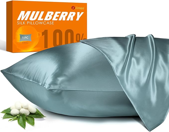 100% Mulberry Silk Pillowcase for Hair and Skin, 22 Momme Pure Natural Silk Pillow Case Both Sided with Zipper, Pillow Cover for Women Mom Men (Airy Blue, King 20''×36'', 1 Pack)