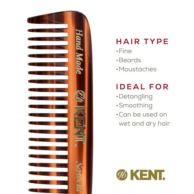 Kent 93T Tortoiseshell Beard Comb for Men - Wide Tooth Men's Comb, Ideal For Mustaches and Beards and Facial Hair, Small Pocket Sized Travel Detangler Combs, Saw-Cut, Hand Polished, Made in England