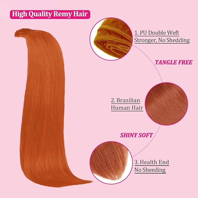 20inch Clip in Hair Extensions Real Human Hair, 120g 8pcs Double Weft with 18clips Clip on Hair Extensions Smooth Human Extensions for Women Brazilian Remy Human Hair (#350 Copper)