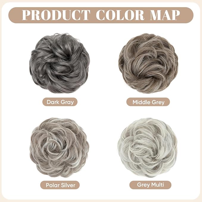 SARLA 2PCS Messy Hair Bun Hair Pieces Wavy Curly Synthetic Updo Fake Scrunchies Ponytail Extension for Women Middle Grey