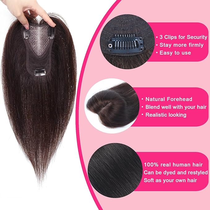 Hair Toppers for Women Real Human Hair Topper Upgrade Swiss Lace Middle Part Clip in Bangs Remy Human Hair Straight Hairpieces for Thinning Realistic Scalp 360° Cover Gray Hairy Roots Chocolate Brown