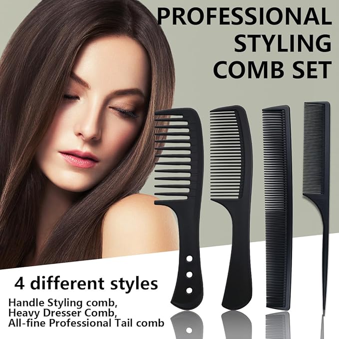 5 Piece Carbon Fiber Styling Hair Comb Set Detangling Black Professional Comb Set Wide Tooth Comb Fine Pro Tail Combs, Dresser Hair Comb Styling Comb for Men and Women Curly, Straight, or Long Hair