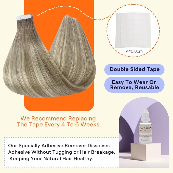 Full Shine Hair Extensions Real Human Hair Tape in Color 19/8/60 Blonde and Brown Balayage 20 Inch Invisible Seamless Tape Ins Human Hair Extensions 20PCS 50g Remy Extensions for Women Real Hair