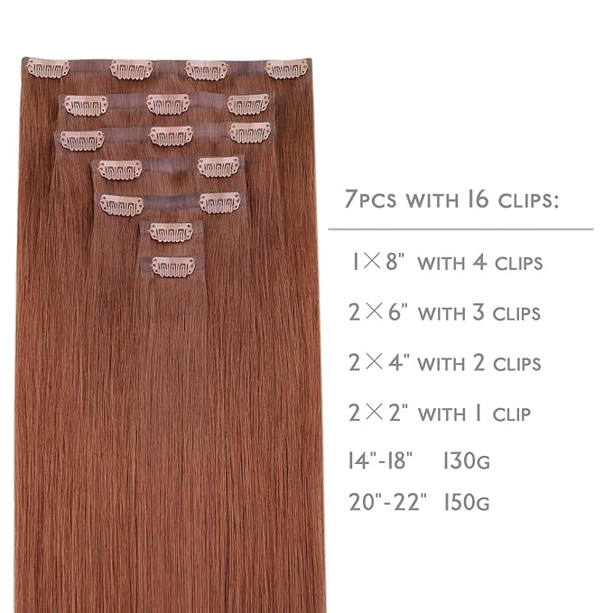 WENNALIFE Seamless Clip In Hair Extensions Human Hair, 22 Inch 150g 7pcs Dark Auburn Copper Real Hair Extensions Clip in Human Hair Invisible PU Skin Weft Natural Remy Human Hair Extensions