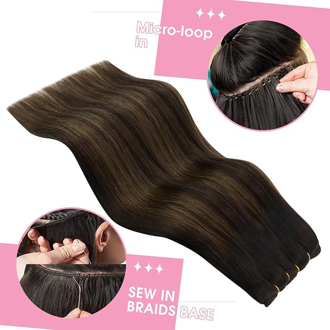 YoungSee Human Hair Sew in Extensions Brown Balayage Real Human Hair Weft Extensions Darkest with Medium Brown Balayage Sew in Hair Extensions Long Straight Hair 100G 22Inch