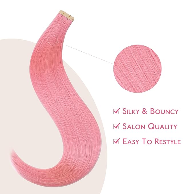 WENNALIFE Tape in Hair Extensions Human Hair Peach Pink Tape in Extensions, 10pcs 30g 24 inch Remy Invisible Tape Ins Straight Colored Soft Real Human Hair Tape in Extensions Refill Set Extensions