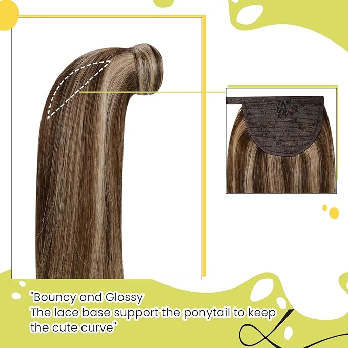 RUNATURE Ponytail Extension Real Human Hair, 12 Inch 70g Short Human Hair Ponytail, Soft Remy Real Hairpiece for Women, Can Be Styled, Easy to Install, #3P12 Brown Highlight Honey Blonde