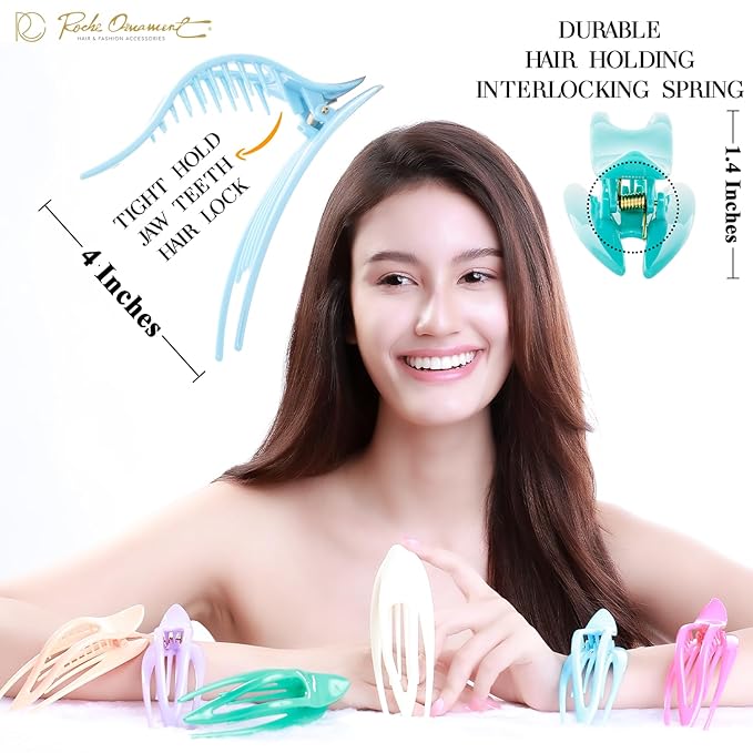 RC ROCHE 6 Pcs Flat Hair Clips Big Claw for Thick Hair French Duckbill Women No Slip Side Slide Curved Alligator Concord Strong Grip Hold Volume Lay Down Clamp, Large Pastel Multicolor