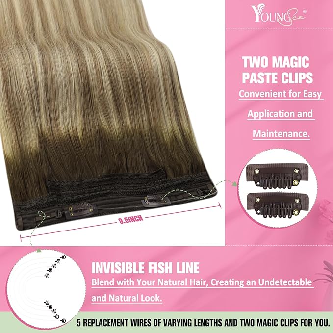 YoungSee 130G Invisible Wire Hair Extensions for Women Brown Blonde Human Hair Wire Extensions Balayage One Piece Hair Extensions Real Human Hair Walnut Brown with Blonde Soft Hair 20 Inch