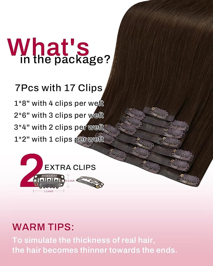 Moresoo Medium Brown Seamless Clip in Hair Extensions Human Hair Brown Hair Extensions Clip ins Straight Pure Weft Invisible for Women Long 120g/7pcs 16 inch