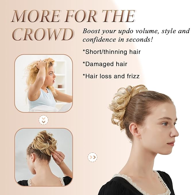 Large Messy Bun Hair Piece Curly Synthetic Extensions Scrunchies Fake Chignon Updo Hairpieces for Women Bronde Highlights
