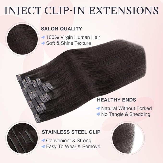 DOORES Hair Extensions Real Human Clip in 18 inch 130g 7pcs Invisi Edge, Seamless Clip in Hair Extensions Invisible Clipins Virgin Injected Skin Weft, 2 Dark Brown