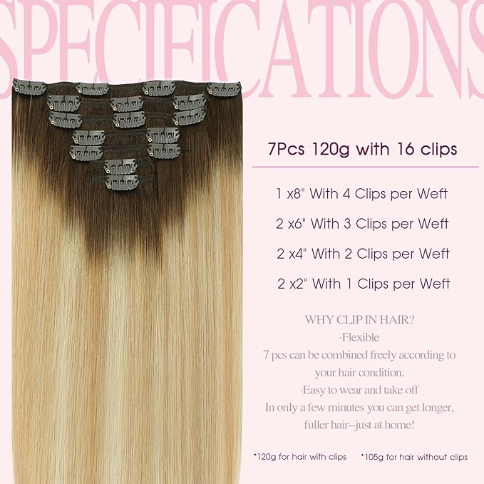 PINKPEARL Clip in Hair Extensions Real Human Hair, Remy Human Hair Extensions Clip ins, 22inch 120g 7Pcs, #4/27/60 Balayage Chocolate Brown to Caramel Blonde and Platinum Blonde(#4/27/60-22)