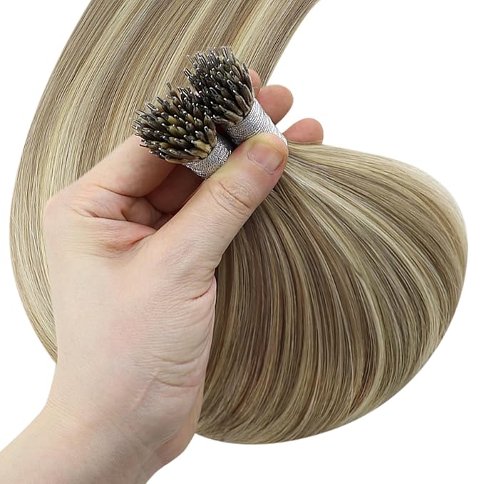 YoungSee Nano Ring Hair Extensions Human Hair Brown Highlight Blonde Nano Hair Extensions Real Human Hair Light Brown and Platinum Blonde Cold Fusion Hair Extension 18inch 50s 50g