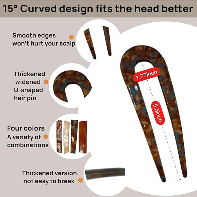 French Hair pins for Women,U-Shaped Hair pins,4Pc Twist Hair Stick Suitable French Pins for Thick Hair(White,Apricot color,Brown,Dark Brown)