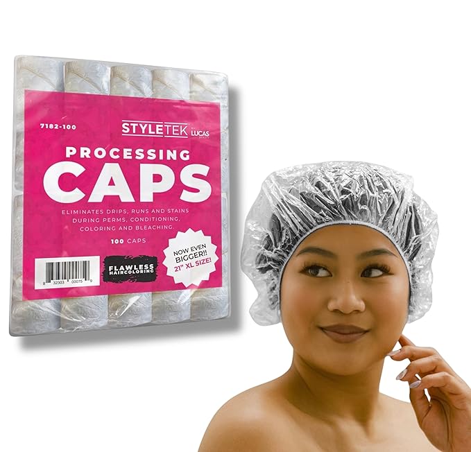 STYLETEK® 100 PCS Disposable Clear Processing/Shower Hair Caps, 21” XL Size, Thick Waterproof conditioning capes