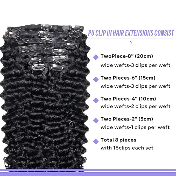 Seamless Clip in Hair Extensions Human Hair Deep Wave Clip ins for Black Women 8Pcs Brazilian Virgin Human Hair Clip in Extensions PU Skin Weft 18Clips 120g 18inch Natural Black