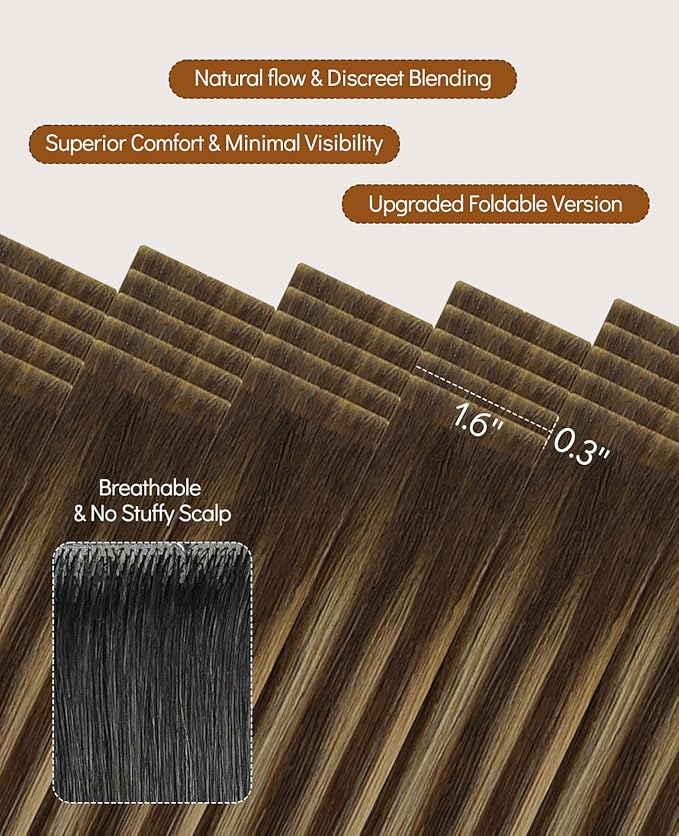 VINBAO Invisi Edge Tape in Human Hair Extensions 45g 20pcs Dark Brown to Caramel Blonde Balayage Seamless Injected Tape Ins Human Hair Extensions 16inch #4/27/4