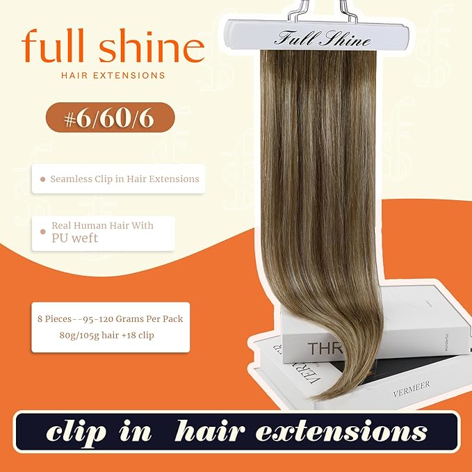 Full Shine Balayage Clip in Hair Extensions Real Human Hair Chestnut Brown to Platinum Blonde Hair Extensions Clip ins with PU Weft for Women 20 Inch 120 G 8 PCS