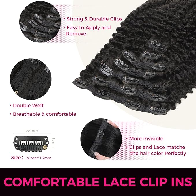 Lashey Hair Extensions Real Human Hair Clip ins Black Women Kinky Curly 120g 7pcs Clip in Human Hair Natural Black 24 Inch Clip in Curly Hair Extensions