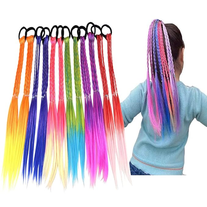 Colored Braids Hair Extensions with Rubber Bands Rainbow Braided Synthetic Hairpieces Ponytail Hair Accessories for Women Kids Girls Party Highlights Cosplay Dress Up (12PCS A Style)