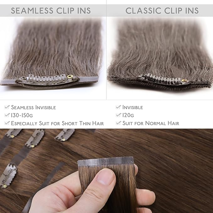 WENNALIFE Seamless Clip In Hair Extensions Human Hair, 12 Inch 80g 7pcs Chocolate Brown Real Hair Extensions Clip in Human Hair Invisible PU Skin Weft Natural Remy Hair