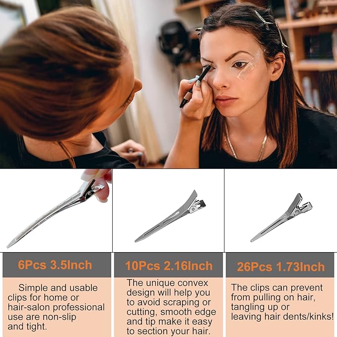 42Pcs Styling Hair Clips Set: Silver Metal Duck Billed Clips for Women's Hairstyling, Long Duckbill Pins, Alligator Rollers with Case