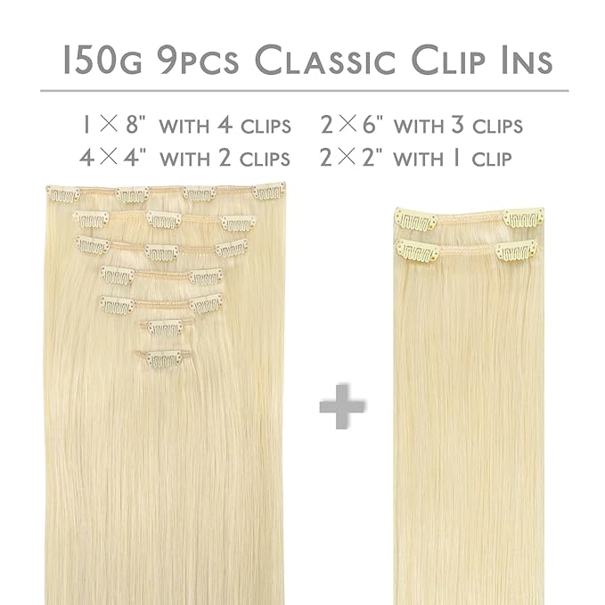 WENNALIFE Clip-in Hair Extensions, 150g 16 Inch 9pcs Bleach Blonde Human Hair Extensions Thicker Real Human Hair Clip Set Double Weft