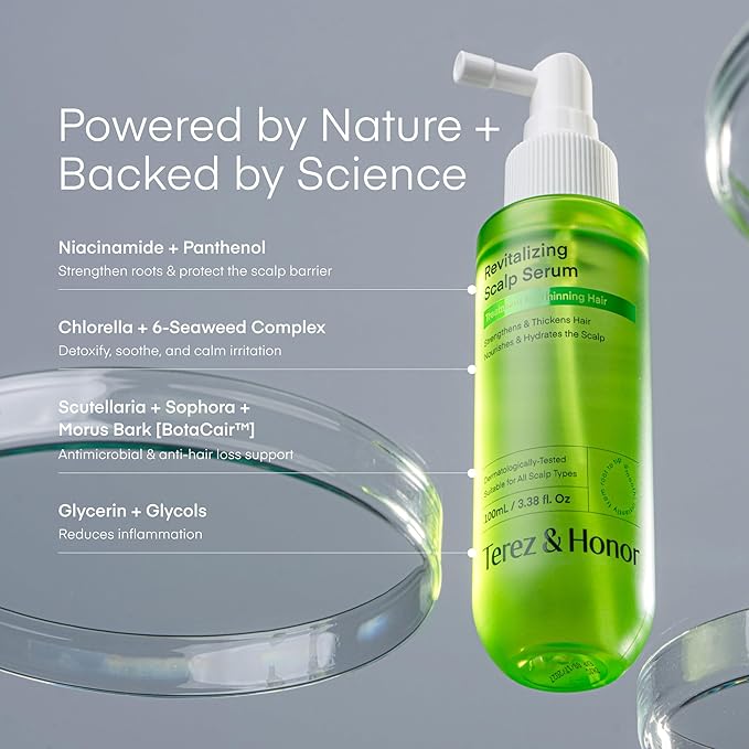 Scalp Serum for Hair Growth Spray - Korean Vegan Treatment for Hair Loss, Thinning & Itchy Scalp, Dermatologically-Tested, Lightweight Exfoliates Dandruff, Strengthen Roots for Men & Women - 2 Pack