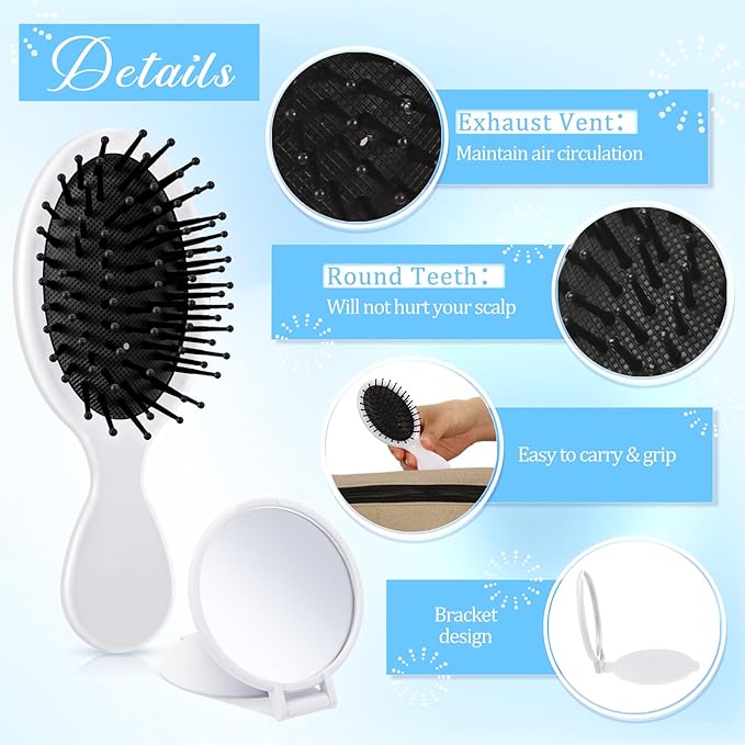 Meanplan 24 Pcs Mini Hair Brush Set 12 Travel Wet Dry Hair Combs Pocket Detangling 12 Compact Folding Makeup Mirrors for Spa Sleepover Birthday Bridal Shower Bachelorette Christmas Party Gift(White)
