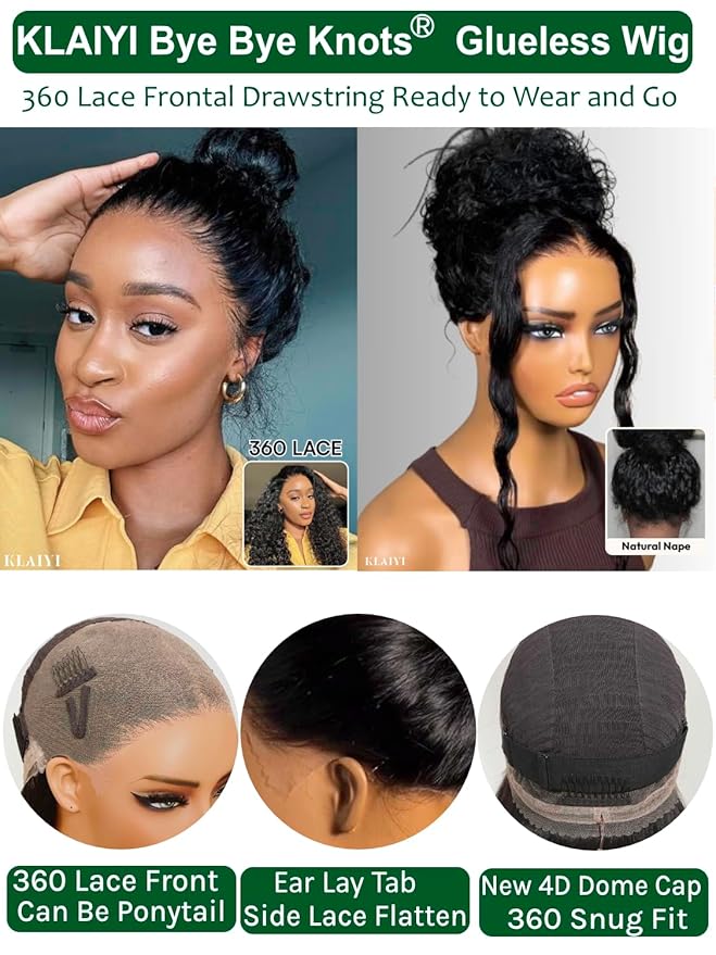 KLAIYI Water Wave Pre Cut 360 Full Lace Frontal Glueless Wig Human Hair Drawstring Pre Plucked Bleached Bye Bye Knots Pre Everything Ready to Wear And Go Curly Beginner Wig with Baby Hair 180% 16Inch