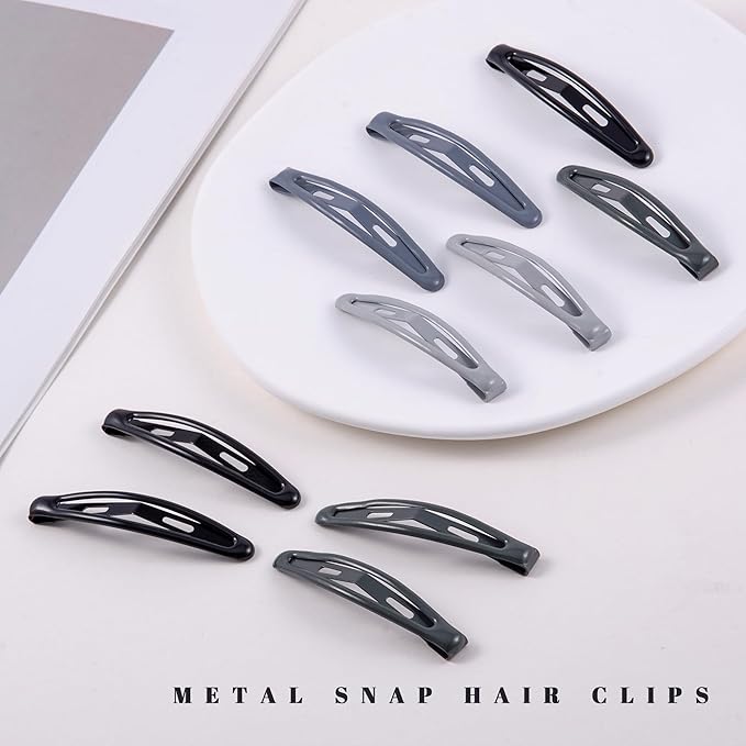 16 PCS Snap Hair Clips Metal Barrettes for Women Non Slip Barrettes for Thick and Thin Fine Hair,Bright Black Multiple Gray,2.36 x 0.43 Inches.