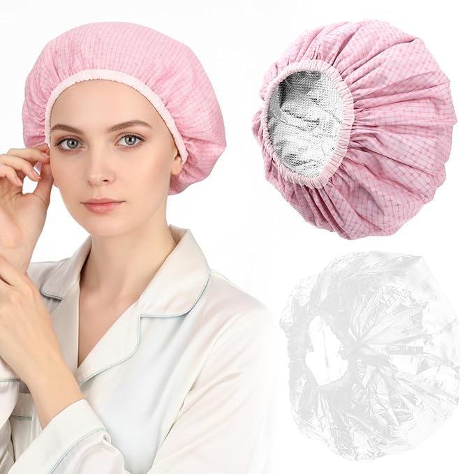 2 Pcs Heat Cap for Deep Conditioning, Conditioning Cap Made of Aluminum Foil with 100pcs Disposable Plastic Caps, Portable Thermal Hair Steam Caps for Home and Salon Use Hair Dyeing