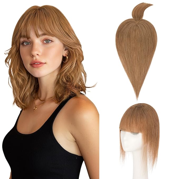 Hairro Mono Hair Toppers with Bangs, 3.4" x 3.4" Mono Base 100% Real Human Hairpieces for Women, 150% Density Clips In Topper for Greyish Thinning Hair, 16 Inch Blondish Brown