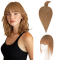 Hairro Mono Hair Toppers with Bangs, 3.4" x 3.4" Mono Base 100% Real Human Hairpieces for Women, 150% Density Clips In Topper for Greyish Thinning Hair, 16 Inch Blondish Brown
