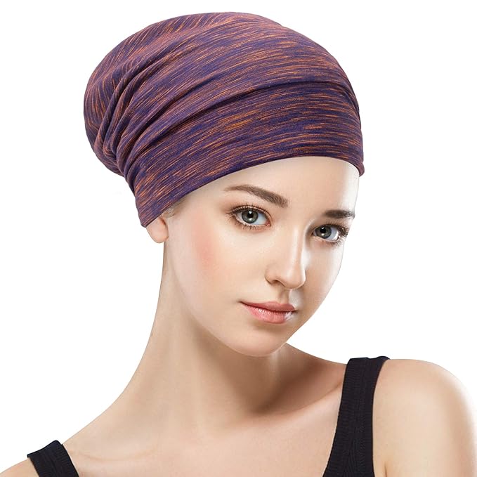 Silk Satin Lined Bonnet Sleep Cap - Adjustable Stay on All Night Hair Wrap Cover Slouchy Beanie for Curly Hair Protection for Women and Men - Mixed Purple