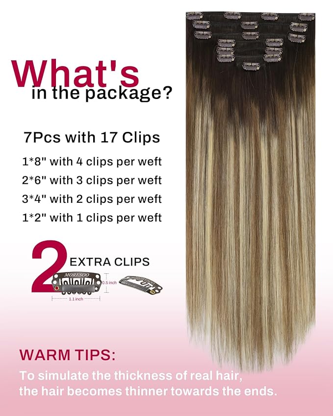Moresoo Hair Extensions Clip ins Dark Brown Balayage Clip in Hair Extensions Ombre Medium Brown to Bleach Blonde Natural Human Hair Clip in Extensions Real Human Hair Long 7Pcs 120G 24 Inch