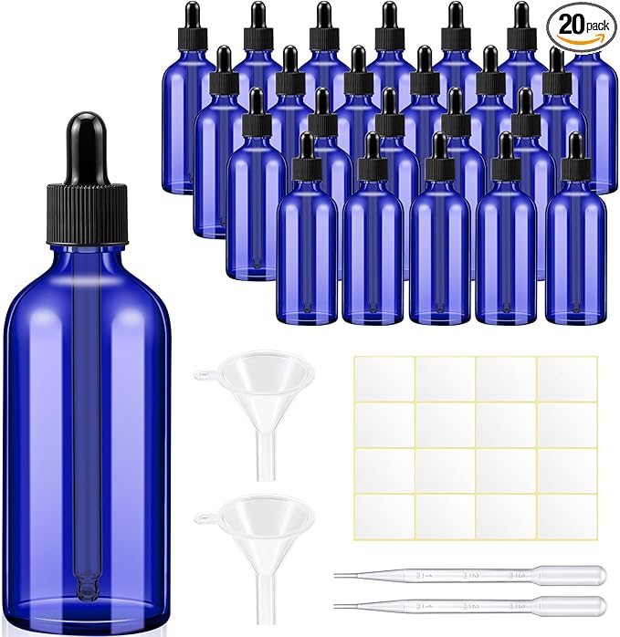 Tessco for you 20 Pack 3.4 oz Glass Dropper Bottles with Glass Eye Droppers for Essential Oils, Empty Oil Bottles with Funnel, Labels and Pipette for Hair Oils Perfume Cosmetic Travel(Blue)