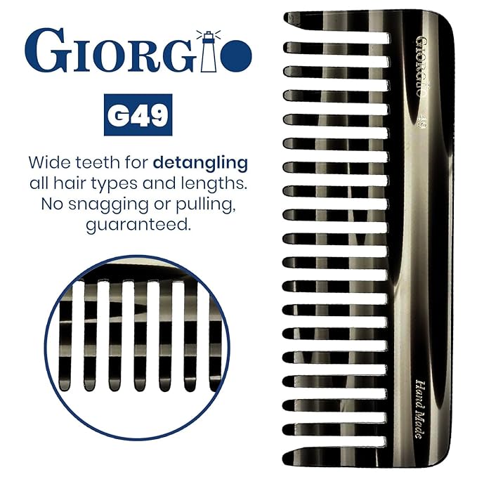 Giorgio G49 Graphite, Large Hair Detangling Comb, Wide Teeth for Thick Curly Wavy Hair. Detangler Comb For Wet and Dry. Handmade of Quality Cellulose, Saw-Cut, Hand Polished