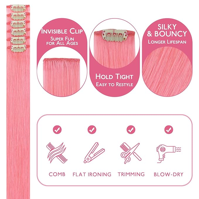 WENNALIFE Peach Pink Clip in Hair Extensions Real Human Hair 35g 6pcs 14 Inch Colored Hair Extensions for Kids Women Colorful Hair Pieces Pop-up Style Straight Extensiones De Cabello Humano Con Clip