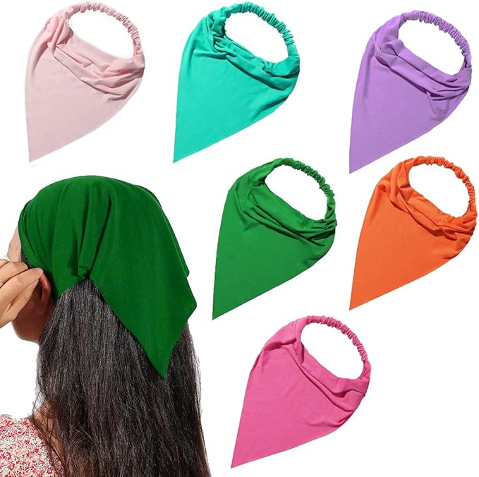 6 Pack Hair Scarf Headband for Women Elastic Bandana Head Scarf Large Boho Triangle Kerchief with Clips Non Slip Scarves