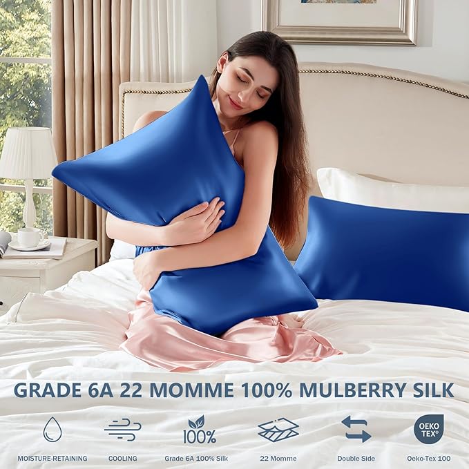 Silk Pillow Cases Queen Size 100% Mulberry Silk Pillowcase for Hair and Skin 22 Momme Both Side Grade 6A Silk Cooling Soft Breathable 20 x 30 Inches with Hidden Zipper 1PC, Royal Blue