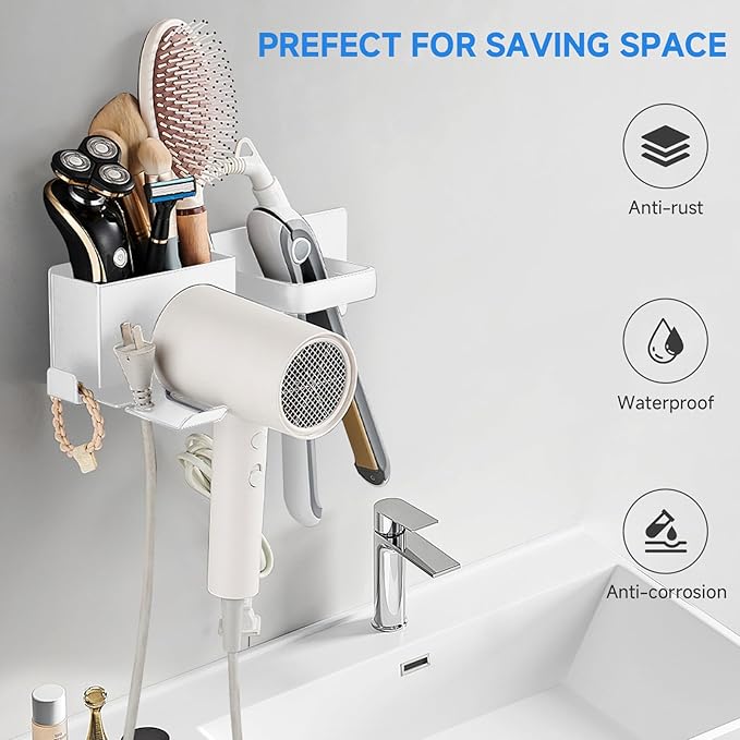 Hair Dryer Holder,Stainless Steel Wall Mounted Blow Dryer,Curling Iron,Straightener Holder Bathroom Metal Hair Tool Organizer Rack- White