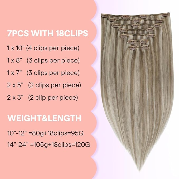 Full Shine Blonde Clip In Hair Extensions, Ash Brown Highlight Blonde Extensions Clip in, Remy Straight Clip in Human Hair for Women,Double Weft 7 Pcs 120 G 16 Inch